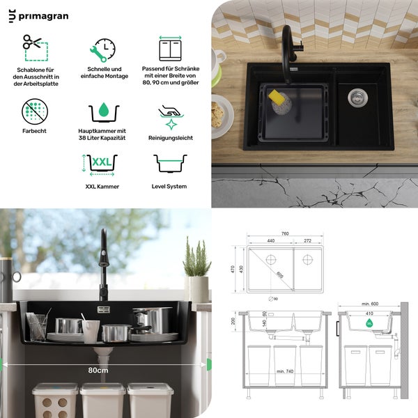 Produktbild einer Spüle mit Abtropffläche, Details zu Produkteigenschaften und Maßangaben.