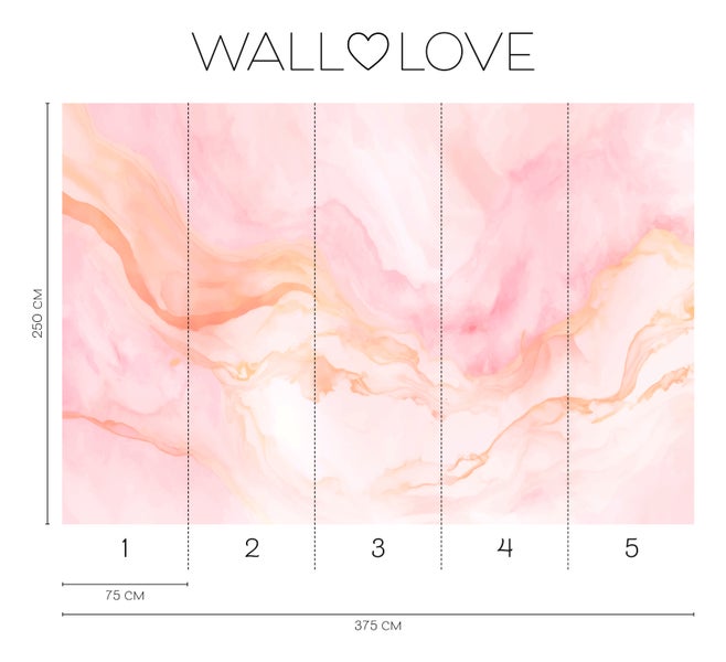 Wall Love Fototapete mit rosa Marmormuster und Größenangaben