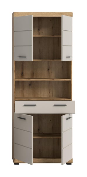 Hochschrank in Eiche-Optik mit hellgrauen Fronten, vier geöffneten Türen, einer Schublade und schwarzen Griffen.