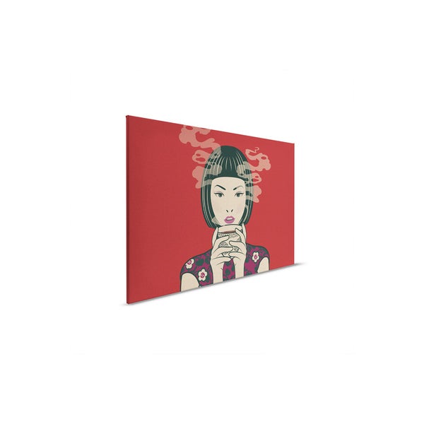 Dekorative Leinwand mit Frau und Teetasse
