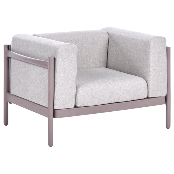 Moderner grauer Sessel mit Metallgestell und dicken Polstern aus Webstoff.