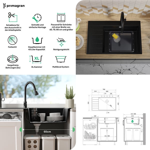 Primagran Küchenspüle mit Montagehinweisen und Maßangaben