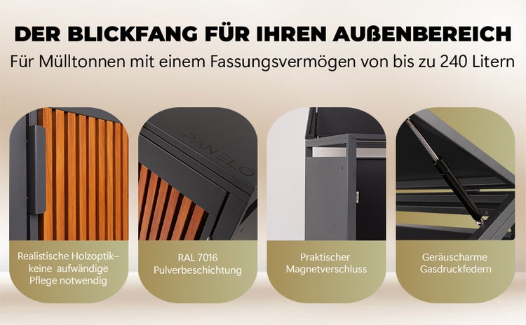 PANELO Mülltonnenbox anthrazit (4er Box) in exklusiver Holzoptik | wetterfest & robust | Mülltonnenverkleidung (Mülltonne 60L - 240L) | Müllhaus | Mülleimerunterstand