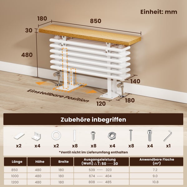 EMKE Designheizkörper mit Holzablage, Heizkörper mit Warmwasserbetrieb, horizontal, 539 Watt, 85 cm x 48 cm, Weiß