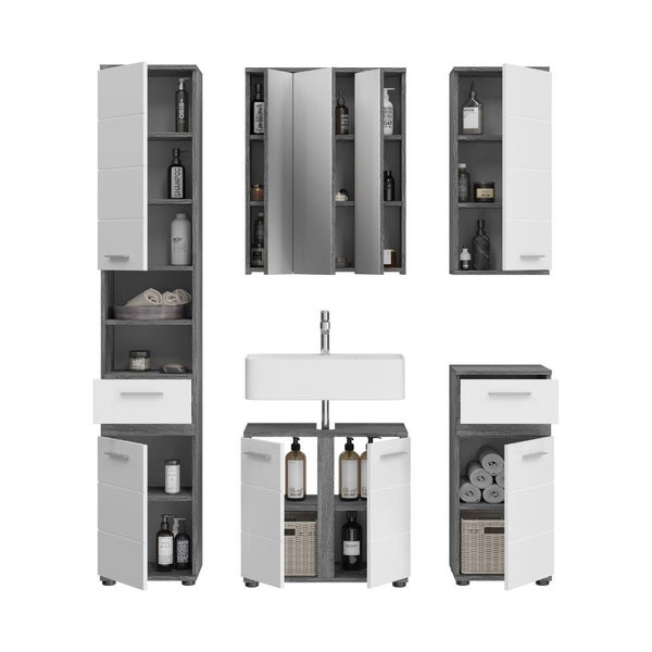 Badezimmermöbel-Set: Hochschrank, Waschbeckenunterschrank, Spiegelschrank, Hängeschrank und Unterschrank in Grau und Weiß.
