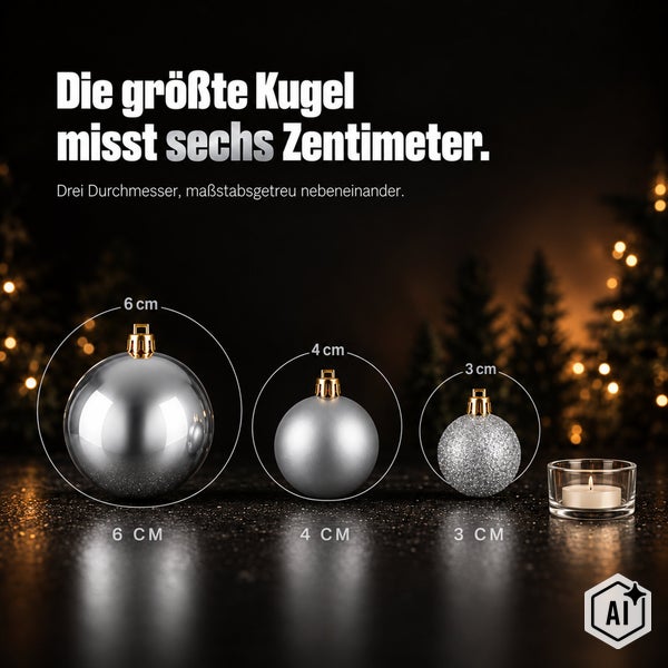 Drei Weihnachtskugeln mit Durchmesser von 6 Zentimeter, 4 Zentimeter und 3 Zentimeter nebeneinander platziert mit einer kleinen Kerze.