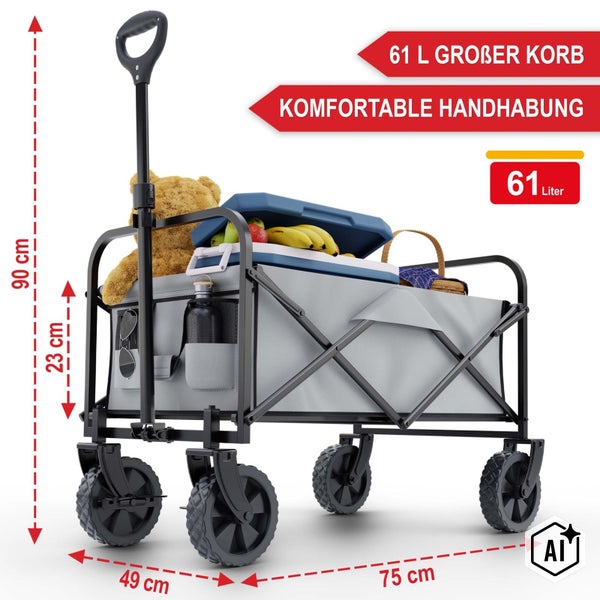 Faltbarer Bollerwagen mit 61 Liter Fassungsvermögen, Maße 75 mal 49 mal 90 Zentimeter, inklusive Transportgriff und vier Rädern.