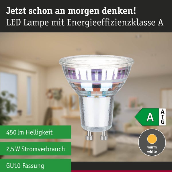 LED Reflektorlampe GU10 mit Informationen zu Energieeinsparungen von 95 Prozent gegenüber Glühbirnen und 60 Prozent gegenüber SMD LED Lampen.