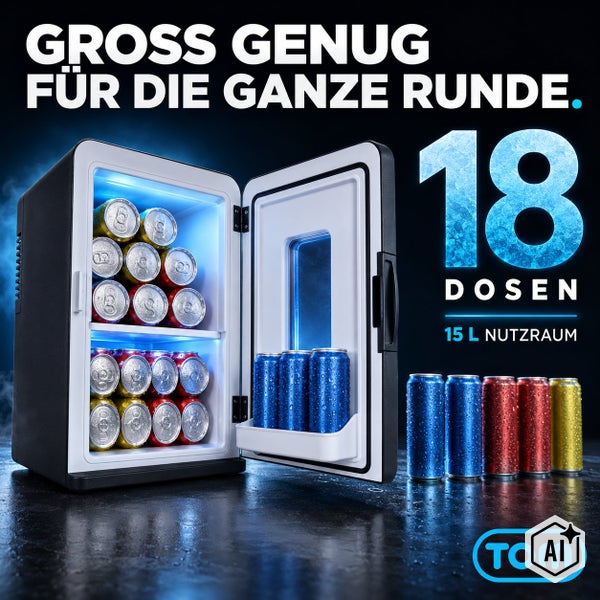 Kompakter Minikühlschrank mit 15 Liter Nutzraum und Platz für 18 Dosen inklusive LED Innenbeleuchtung und Tom Logo.