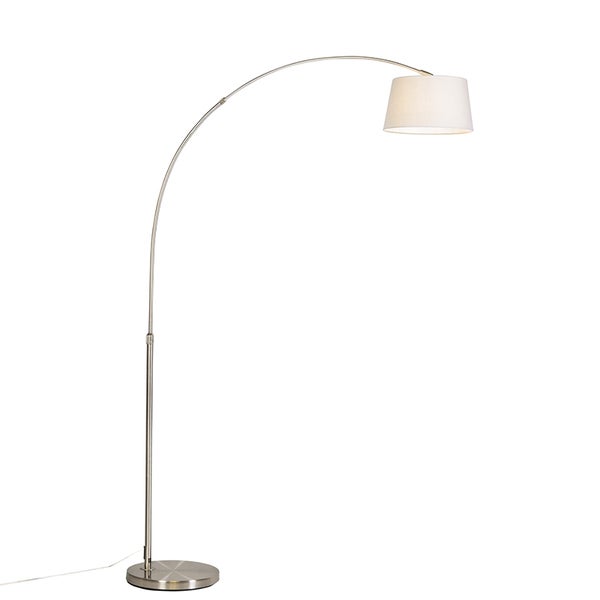 QAZQA - Moderne Bogenlampe aus Stahl I Silber I nickel matt mit weißem Stoffschirm - Arc Basic I Wohnzimmer - Stahl Rund - LED geeignet E27