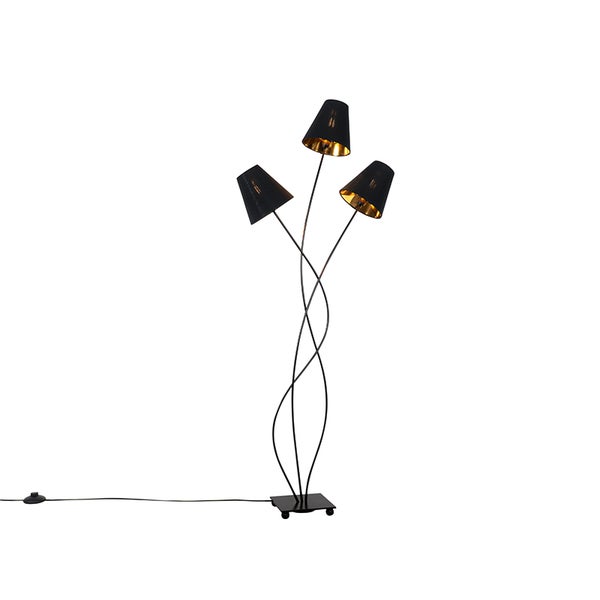QAZQA - Modern Design Stehlampe schwarz mit Gold I Messing 3-flammig - Melis I Wohnzimmer I Schlafzimmer - Stahl Länglich - LED geeignet E14