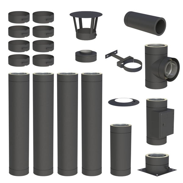 Schornsteinbausatz doppelwandig in Schwarz, mit isolierten Rohren, T-Stücken, Schornsteinhaube, Wandhaltern und Klemmbändern.
