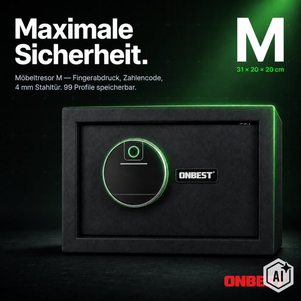 Möbeltresor Größe M mit Fingerabdruckscanner und Zahlencode sowie einer 4 mm Stahltür von Onbest für maximale Sicherheit.
