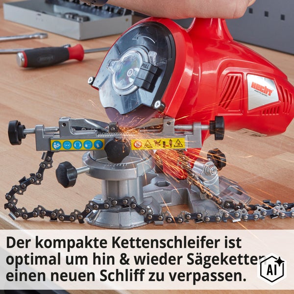 Hecht Kettenschärfgerät zum Schleifen von Sägeketten mit Funkenflug auf einer Werkbank.