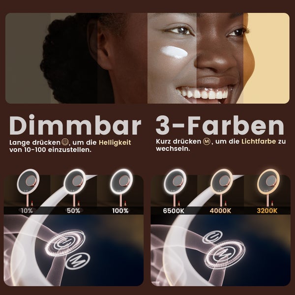 Dimmbarer Make-up Spiegel mit drei Farbmodi und Helligkeitsstufen von 10 bis 100 Prozent
