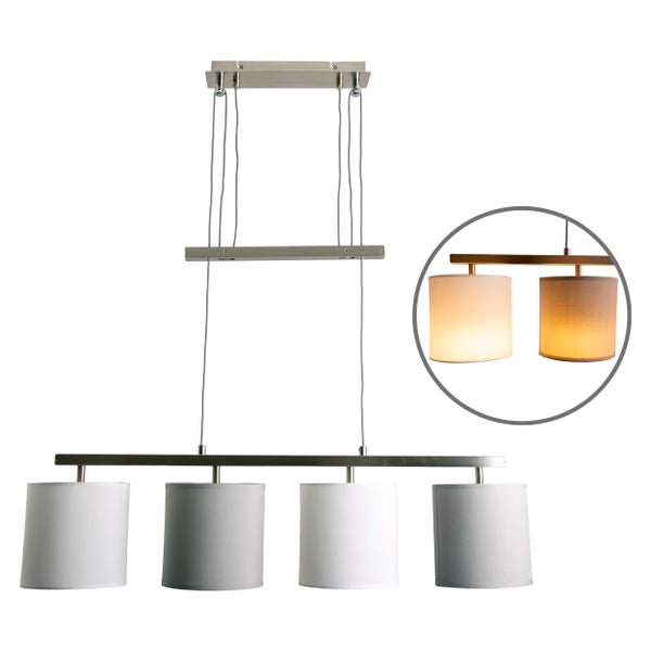 4er Pendelleuchte TILDE, klassische Pendellampe aus Metall und Textil in Grau und Weiß, mit E27-Fassung, höhenverstellbar, 86 cm lang, ideal als Esszimmerleuchte