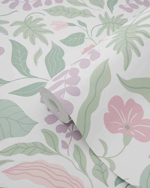 ESTAhome Tapete Blätter und Blumen Lila, Rosa und Grün - 50 x 900 cm - 131049