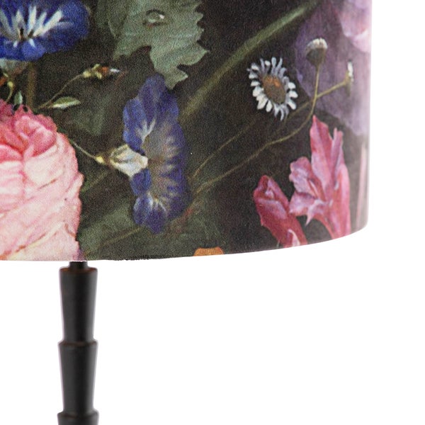 Tischlampe schwarz 35 cm Veloursschirm Blumenmuster - Pisos