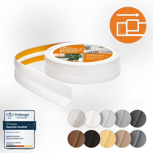 Quest Weichsockelleiste Selbstklebend 25 x 25 mm, PVC, Flexibel, Weiß, 15 Meter