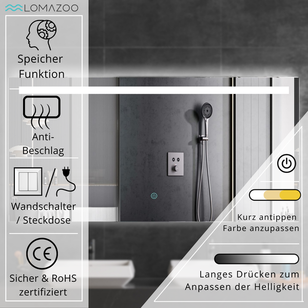 Badezimmerspiegel mit LED Beleuchtung Speicherfunktion Anti Beschlag Funktion und Touch Steuerung fuer Helligkeit sowie Lichtfarbe.