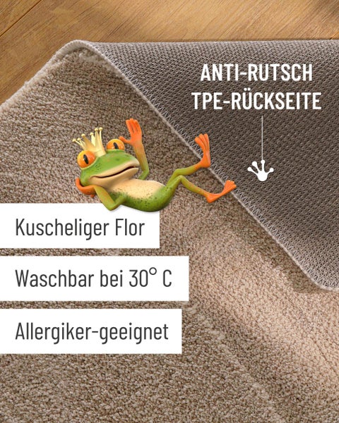 Teppich mit weichem Flor und rutschhemmender Rückseite, waschbar bei 30 Grad Celsius und für Allergiker geeignet.