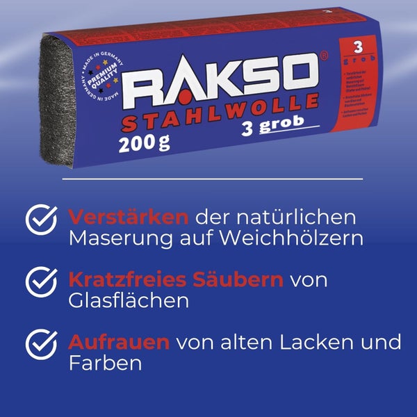 Rakso Stahlwolle Sorte 3 grob, 200 Gramm, zum Verstärken der Maserung auf Weichholz, Reinigen von Glas und Aufrauen von Lacken.