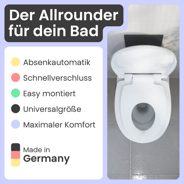 Aufnahme von oben einer Toilette mit abgesenktem Sitz und dem Hinweis Made in Germany.