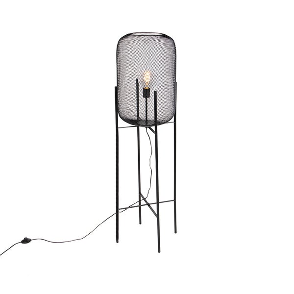 QAZQA - Moderne schwarze Stehleuchte I Stehlampe I Standleuchte I Lampe I Leuchte - Bliss Mesh I Wohnzimmer I Schlafzimmer - Stahl Länglich I Rund - LED geeignet E27