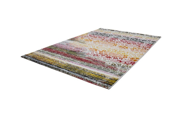 Rechteckiger bunter Kurzflorteppich mit Streifen und orientalischem Muster.