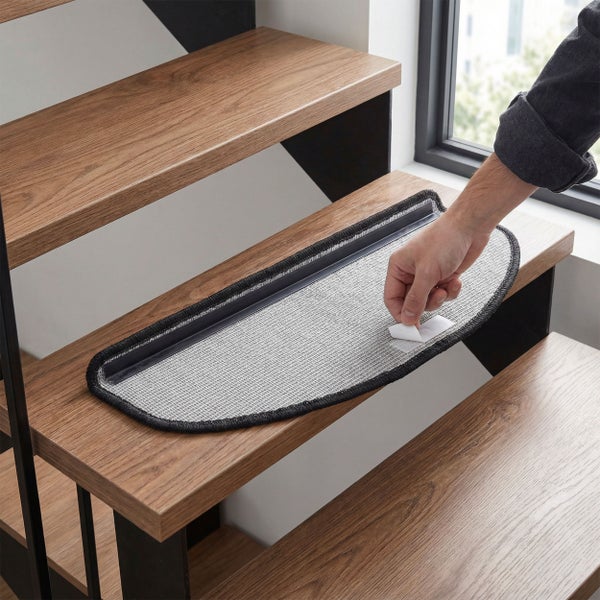 Stufenmatte auf einer Holztreppe wird mit Klebestreifen befestigt.