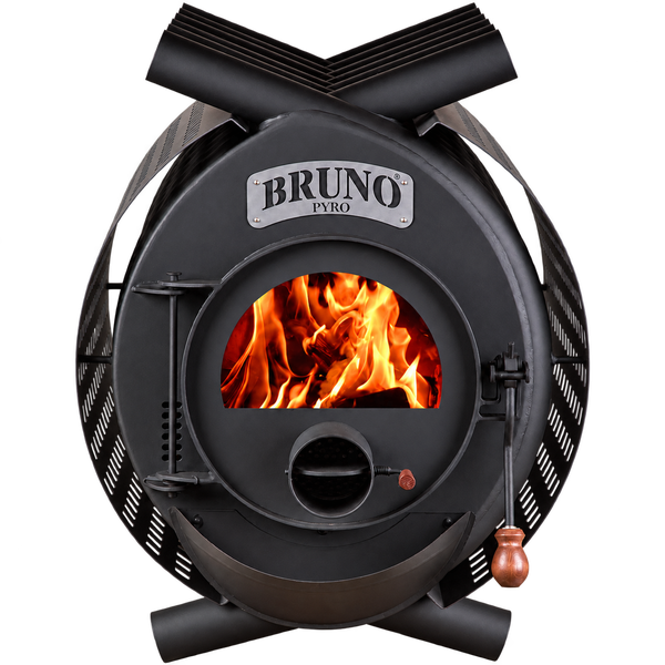 Bruno Pyro Warmluftofen mit Sichtscheibe und brennendem Feuer im Inneren