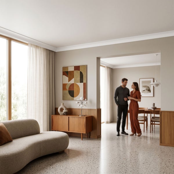 Helles und offenes Wohnzimmer mit Sofa aus Textil, Sideboard aus Holz, abstrakter Wandkunst und angrenzendem Essbereich mit einem stehenden Paar.