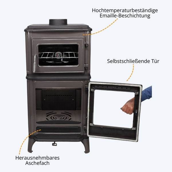 Kaminofen mit Backfach, hochtemperaturbeständiger Emaille-Beschichtung, selbstschließender Tür und herausnehmbarem Aschefach.