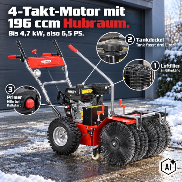 Hecht Kehrmaschine mit 4 Takt Motor und 196 Kubikzentimeter Hubraum sowie Tankdeckel, Luftfilter und Primer für Kaltstart.