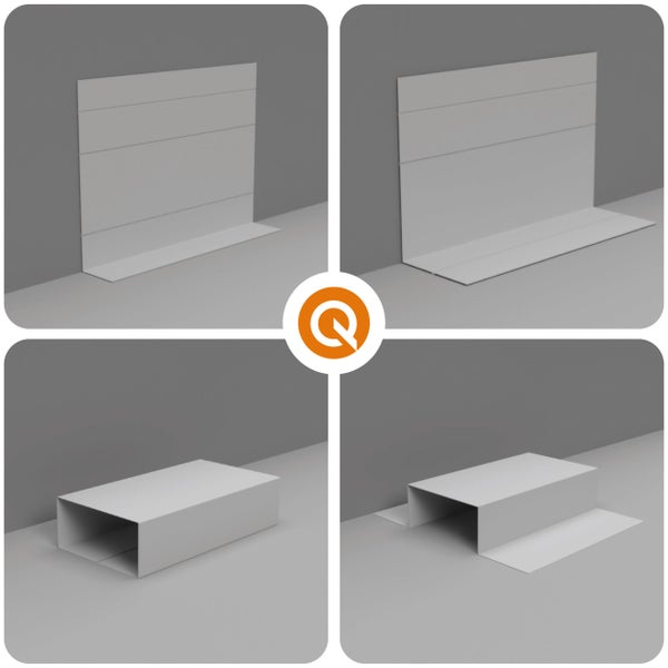 Vier technische Darstellungen von verschiedenen Metallprofilen zur Wand- und Bodenabdichtung in einer Collage.