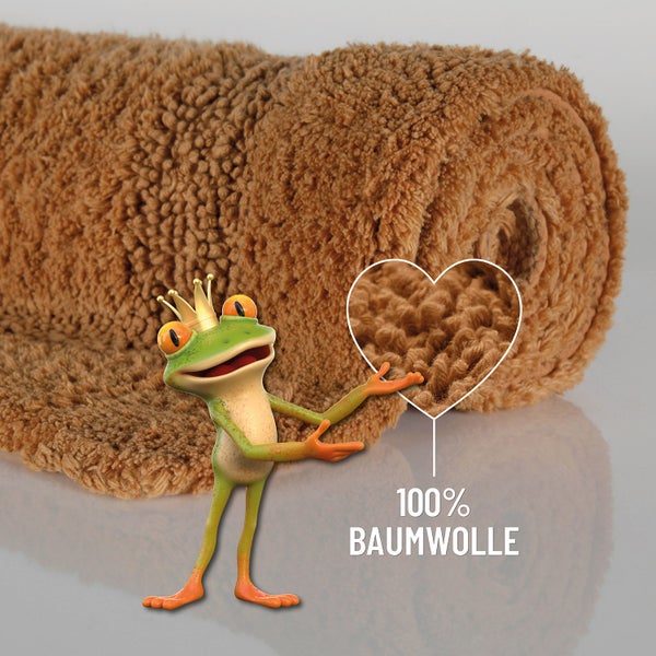 Badematte aus 100 Prozent Baumwolle mit weicher Textur und Frosch Maskottchen.