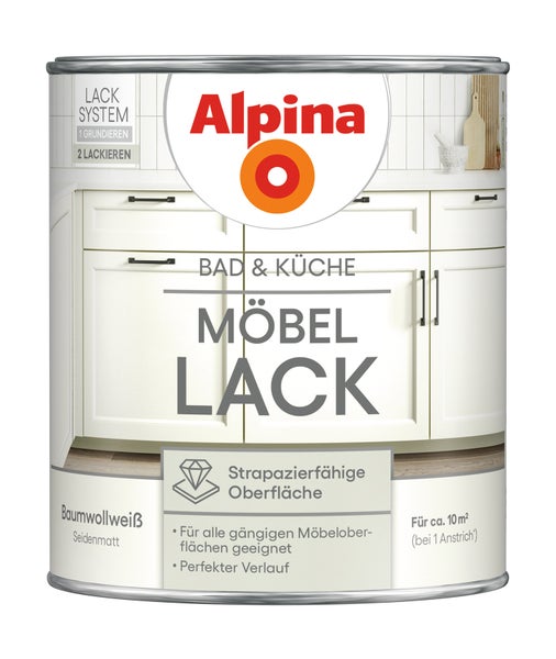 Alpina Logo auf einer Dose Möbellack für Bad und Küche in Baumwollweiß seidenmatt für strapazierfähige Oberflächen und circa 10 Quadratmeter.