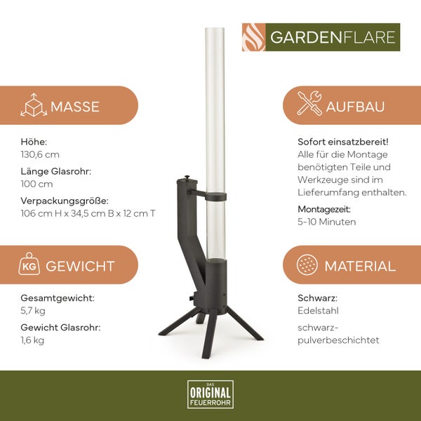 Gardenflare Edelstahl Feuersäule mit Feuerrohr und Pelletfackel für Tolles Ambiente-Feuer – Elegante Terrassenheizer und Gartenkamin die Alternative für deine Terrasse und Garten (Schwarz Pulverbeschichtet)