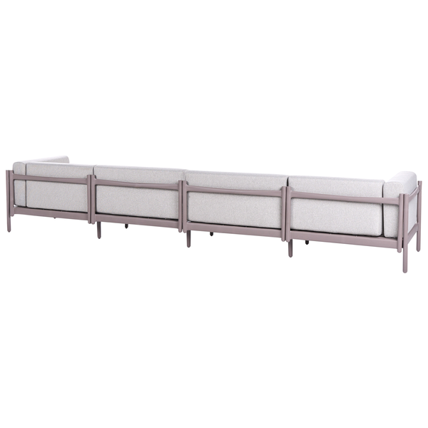 Rückansicht eines viersitzigen Garten-Lounge-Sofas mit lilagrauem Metallgestell und hellgrauen Polstern.