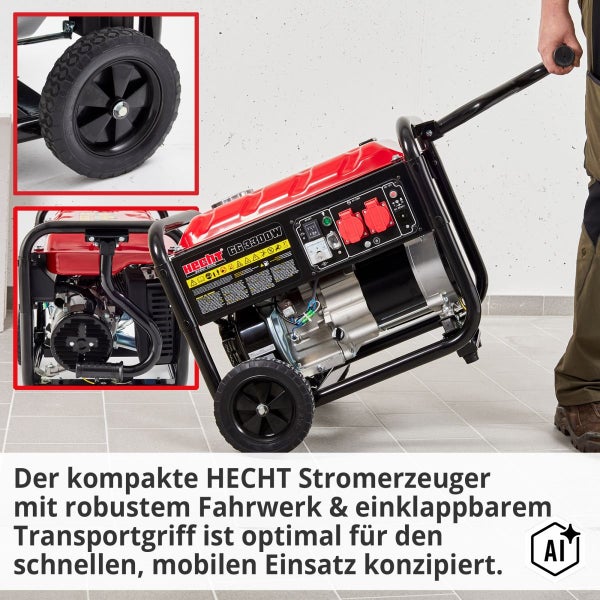 Mobiler HECHT Stromerzeuger GG 3300 W mit Fahrwerk und einklappbarem Transportgriff für den flexiblen Einsatz