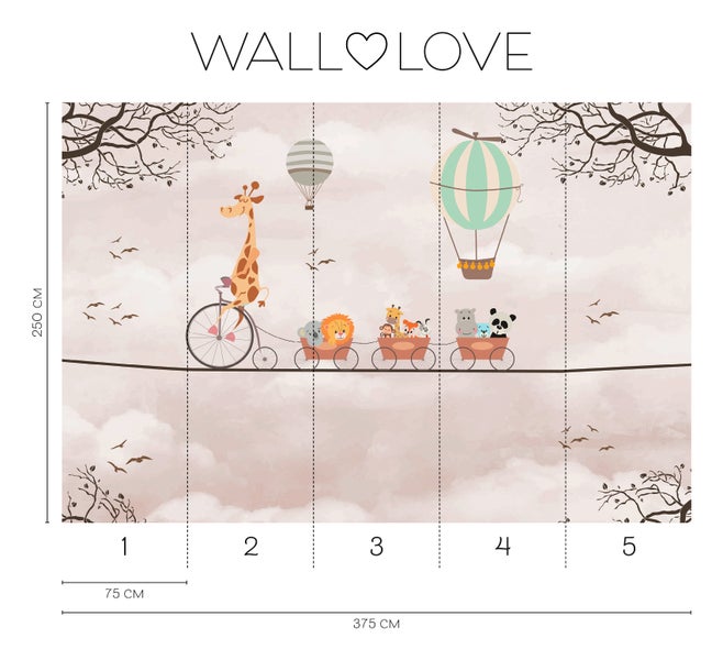 Wandbild mit Giraffe auf Fahrrad und Tieren im Zug unter Ballons