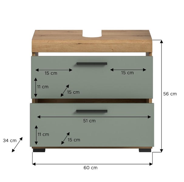 Waschtischunterschrank mit zwei Schubladen und Maßangaben