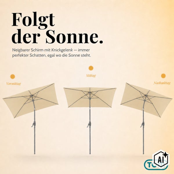 Rechteckiger Sonnenschirm von TOM mit Knickgelenk für verschiedene Neigungswinkel im Tagesverlauf