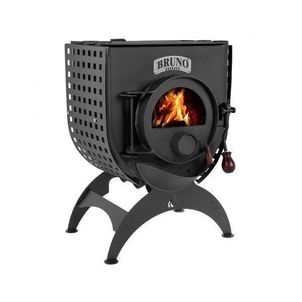 Schwarz lackierter Bruno Mini Holzofen mit Feuer