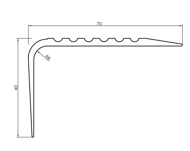Technische Zeichnung eines Treppenkantenprofils mit den Maßen 70 x 40 Millimeter