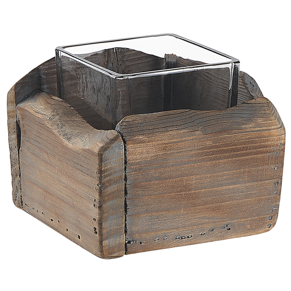 Dekoratives Pflanzgefäß aus Holz mit Glaseinsatz