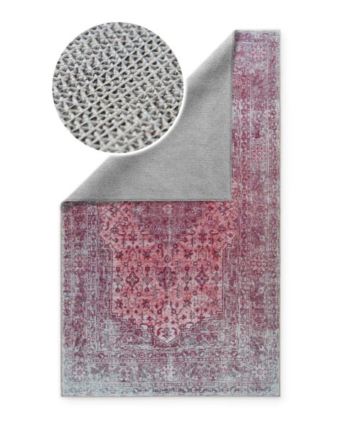 Teppich mit Orient-Muster und Detailansicht der rutschfesten Rückseite.