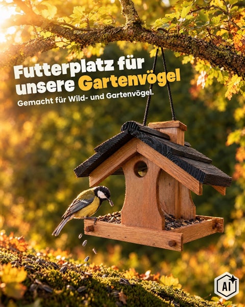 Holz Vogelfutterhaus zum Aufhängen für Wildvögel und Gartenvögel, mit einer Meise bei der Futteraufnahme in einem herbstlichen Garten.