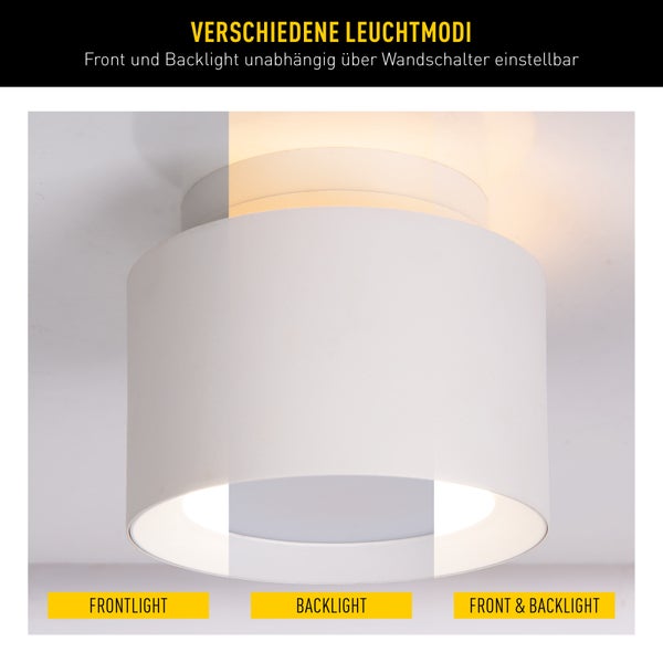 Deckenleuchte mit verschiedenen Leuchtmodi, Front- und Hintergrundbeleuchtung unabhängig über Wandschalter einstellbar