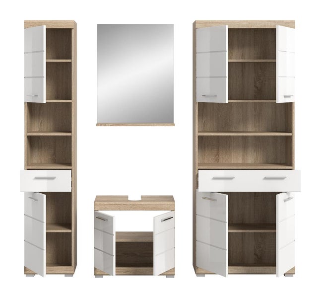 Badmöbel Set mit zwei Hochschränken, Waschbeckenunterschrank und Spiegel mit Ablage. Korpus in Eiche Nachbildung mit weißen Hochglanzfronten.